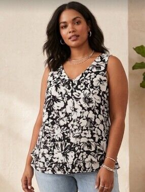 Ann Taylor Factory Black White Floral Chiffon V-Neck Sleeveless Top Size XL